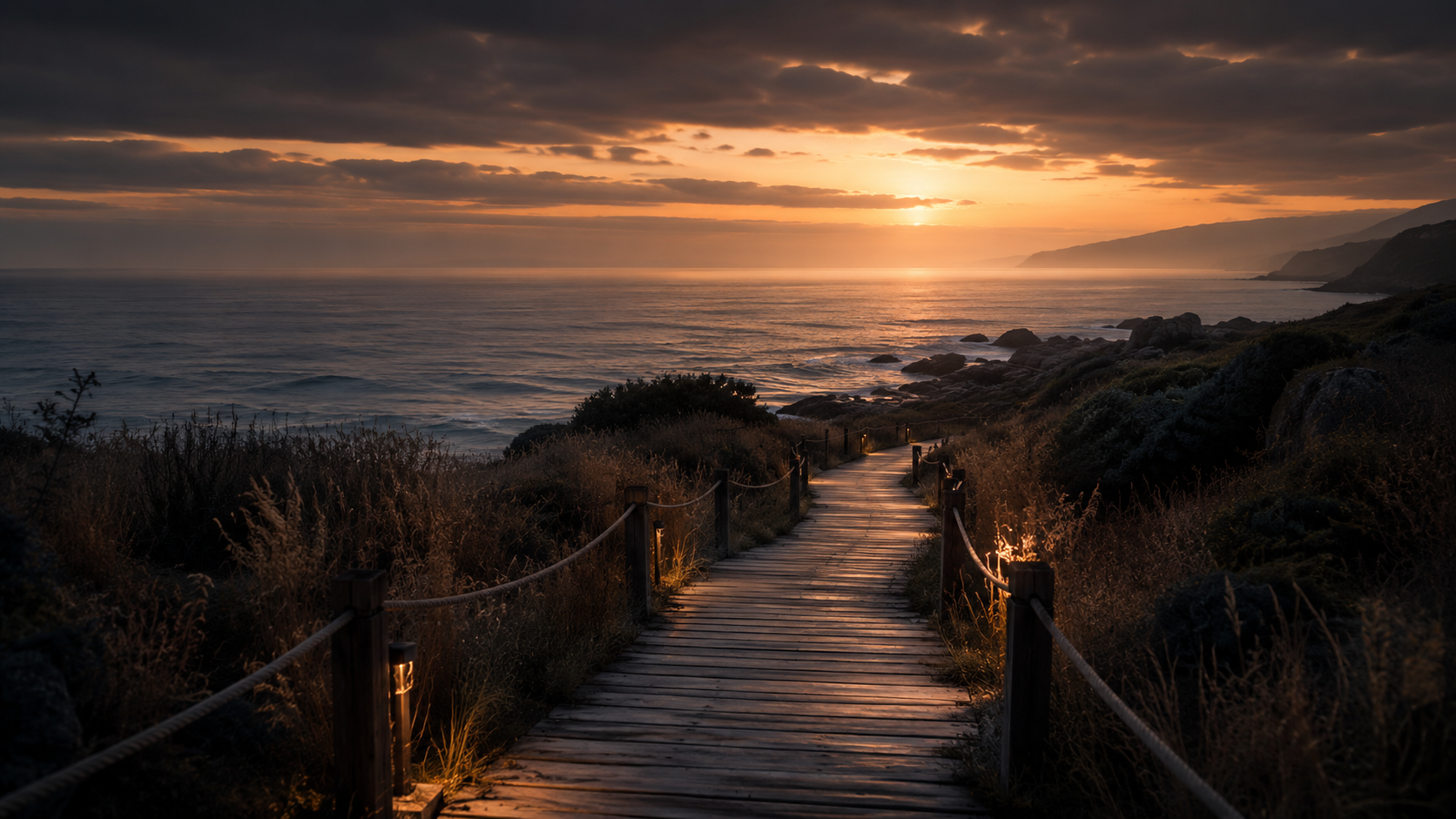 A coastal path leading toward a sunset over the water.