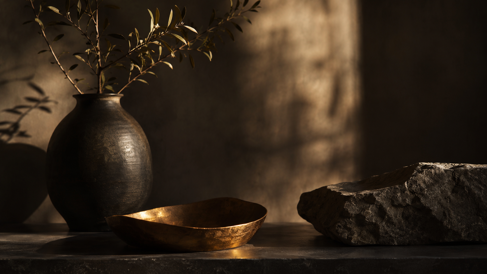 A minimalist still life arranged in warm shadow.